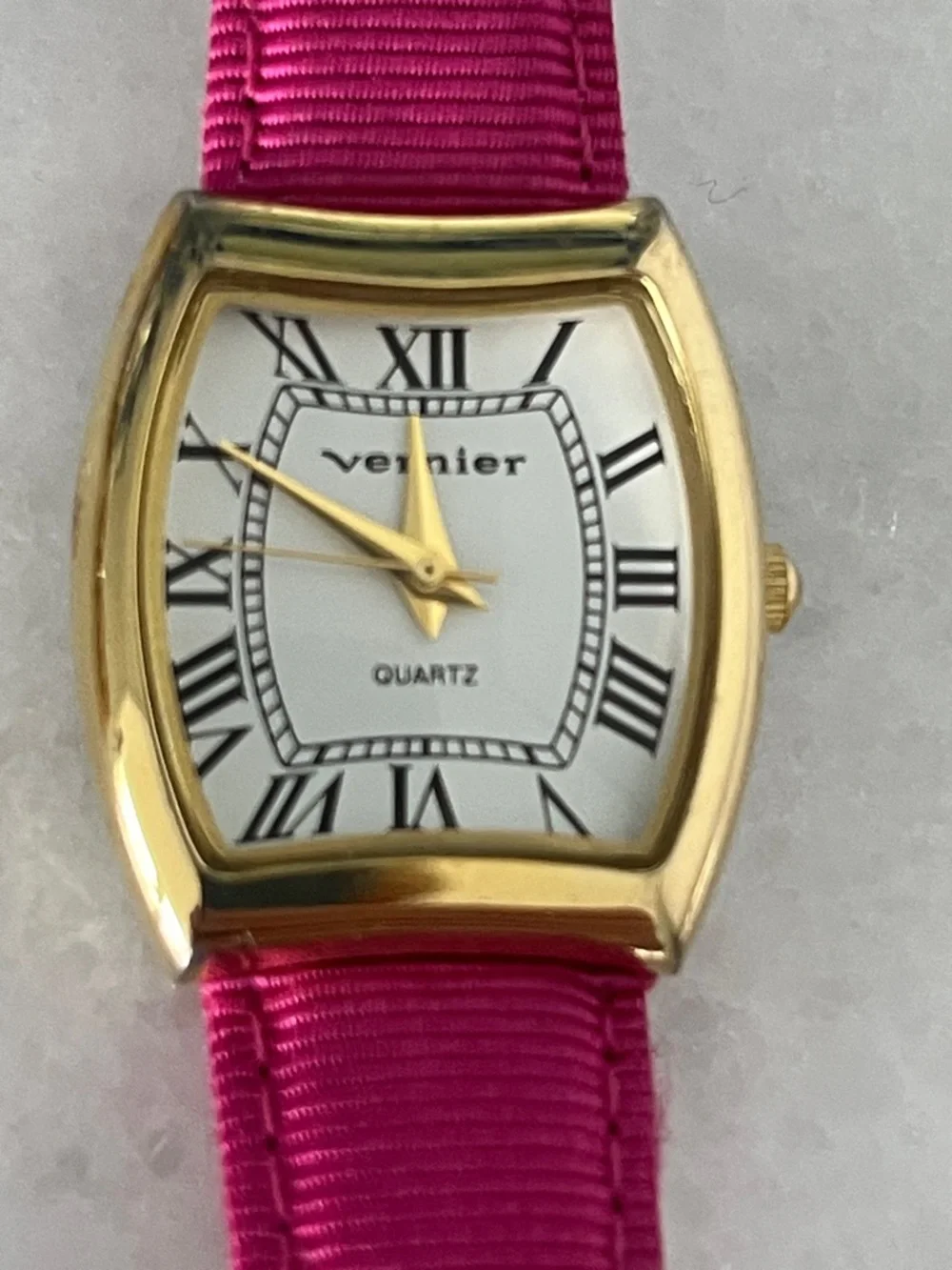 Vernier Gold-Tone Women’s Watch with Fuchsia Pink Grosgrain Strap